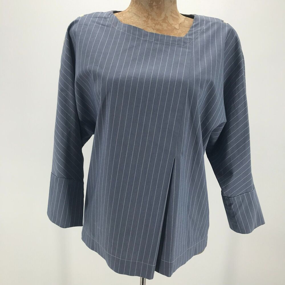 KOCH Top Womens Small Blue White Pinstripe Asymmetric Collar Dolman Sleeve
